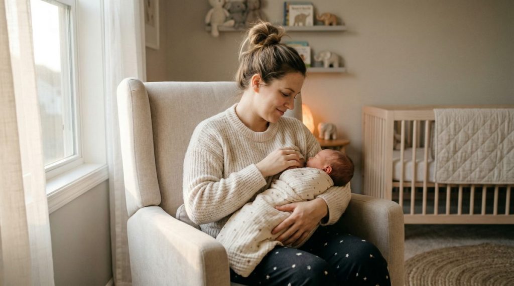 Mère allaitant son nouveau-né dans un fauteuil confortable de la chambre de bébé