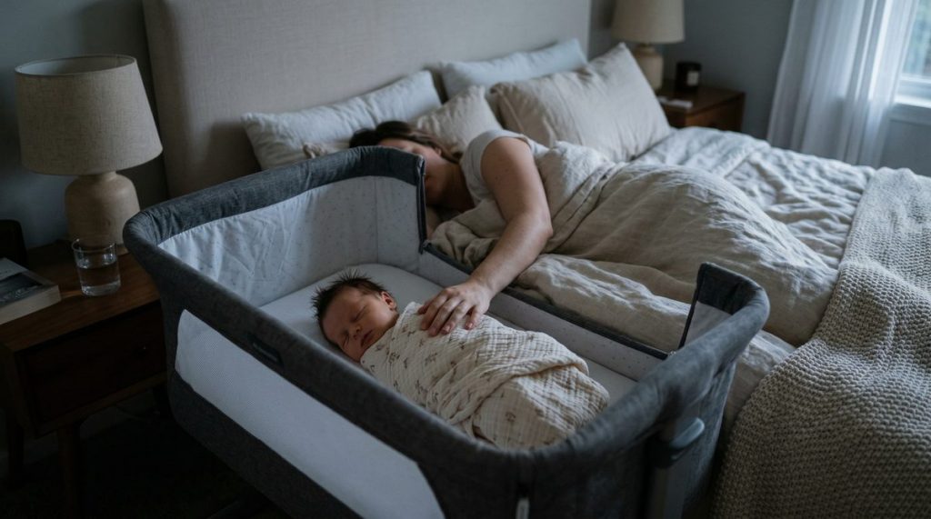 Lit cododo attaché au lit parental avec bébé dormant en toute sécurité