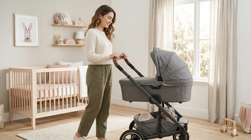 Parent testant une poussette moderne dans une chambre de bébé lumineuse et minimaliste