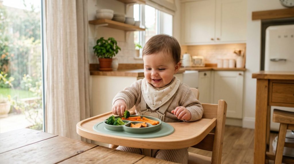 Bébé mangeant des morceaux de légumes selon la méthode DME de diversification alimentaire