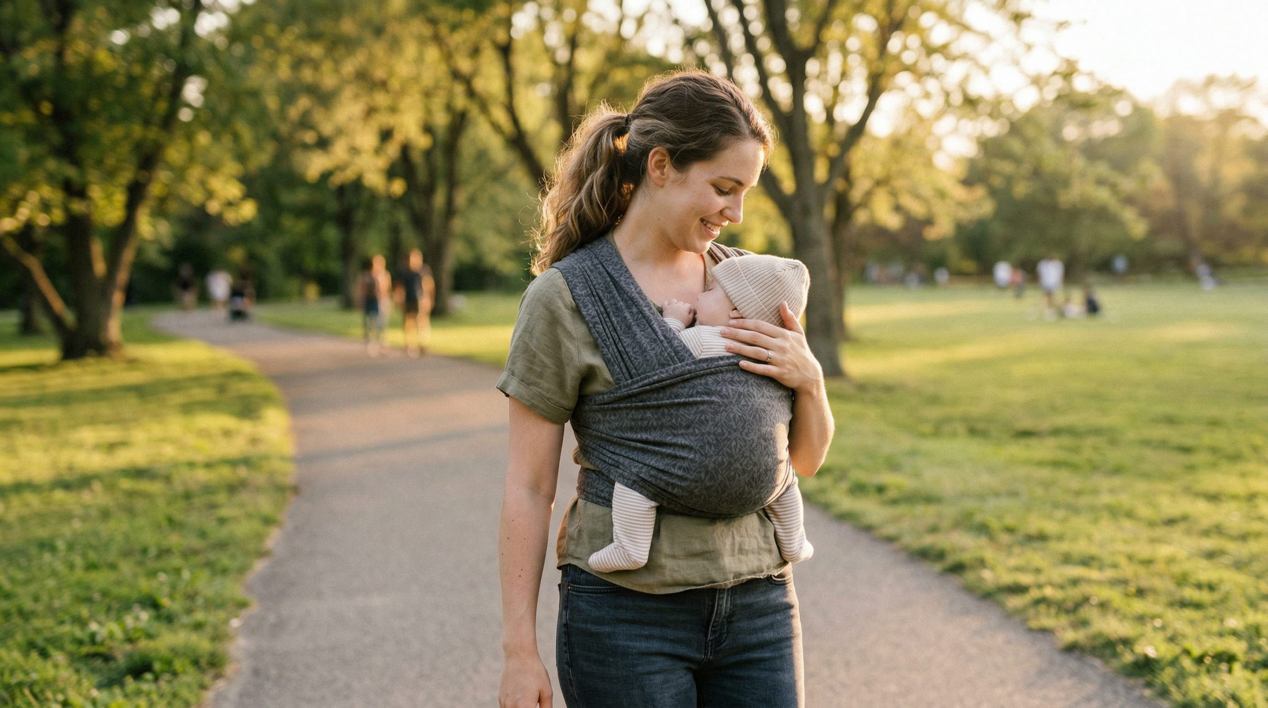 Mère portant bébé dans écharpe de portage extensible lors d'une promenade au parc