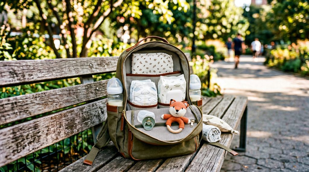 Sac à langer ouvert et organisé avec accessoires bébé sur banc de parc