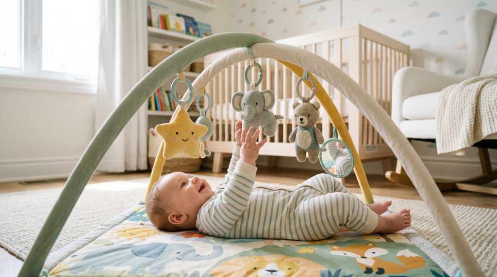 Bébé jouant sur un tapis d'éveil coloré avec arches et jouets suspendus dans une chambre lumineuse