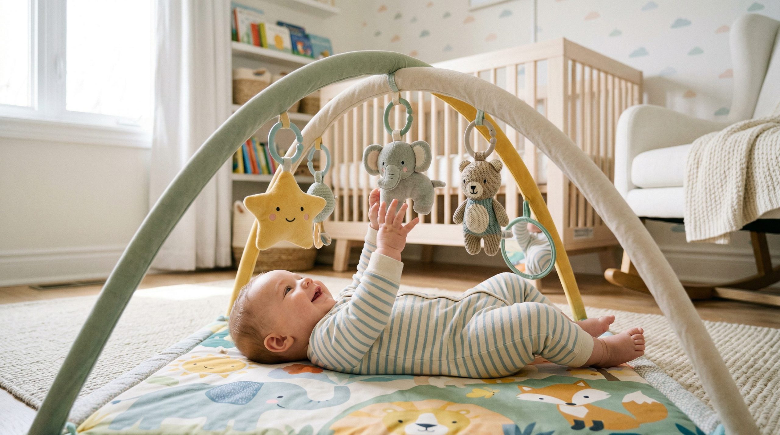 Bébé jouant sur un tapis d'éveil coloré avec arches et jouets suspendus dans une chambre lumineuse