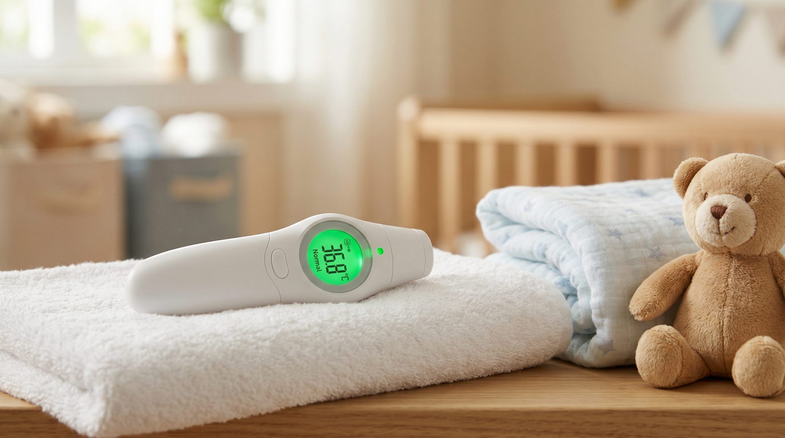 Thermomètre bébé frontal digital affichant température normale sur serviette blanche