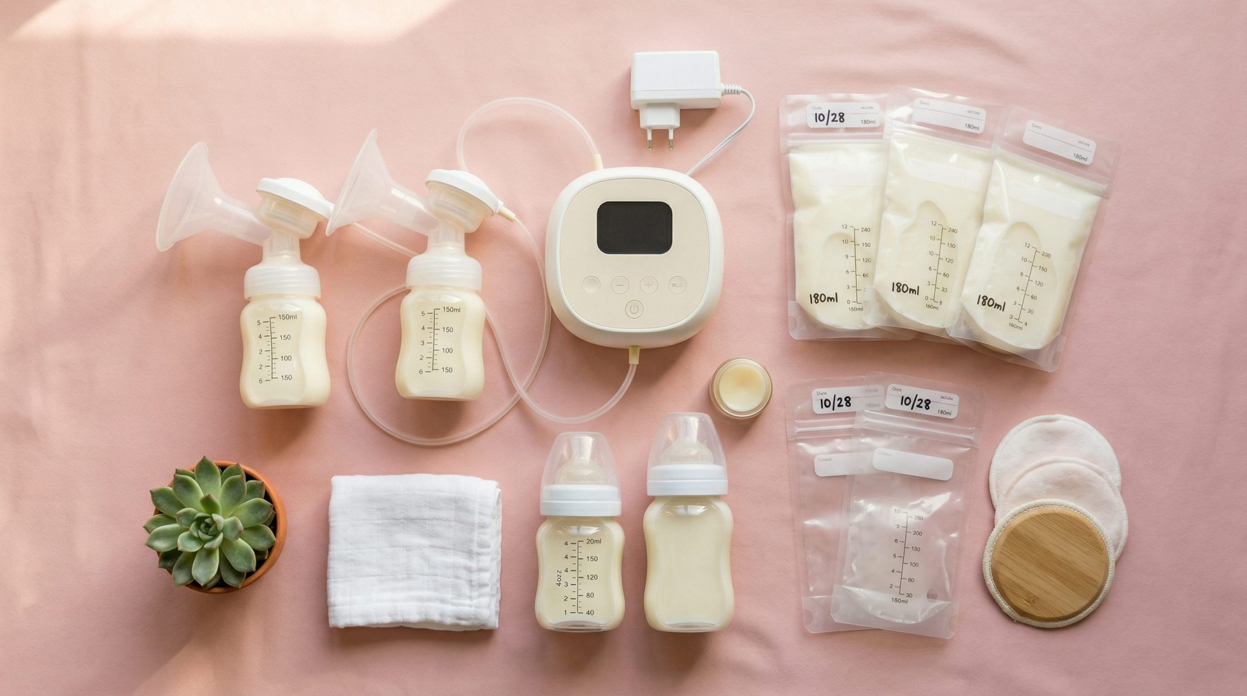Tire-lait électrique double avec accessoires d'allaitement sur fond rose pastel