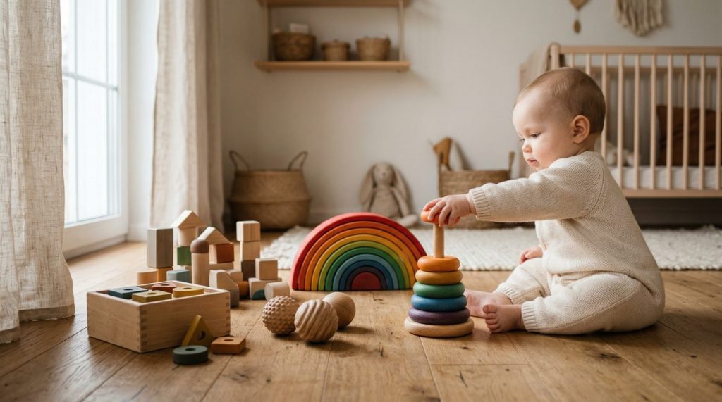 Bébé jouant avec des jouets Montessori en bois : arc-en-ciel, anneaux à empiler et blocs