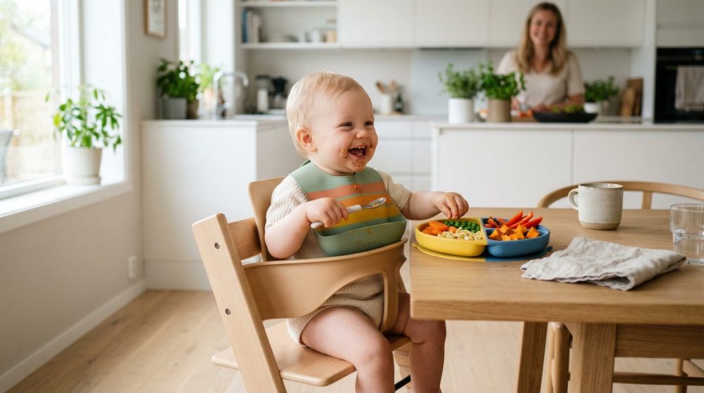 Bébé souriant dans une chaise haute en bois pendant le repas de diversification