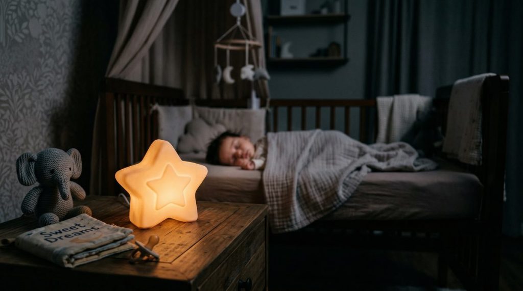Veilleuse bébé en forme d'étoile éclairant doucement une chambre de nuit apaisante