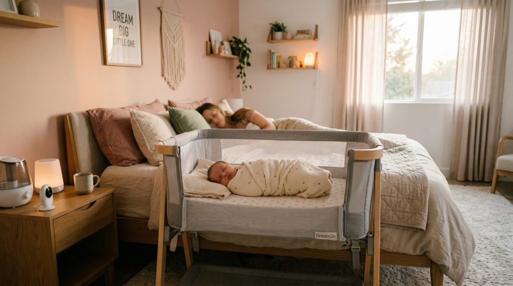 Comparatif des meilleurs lits cododo 2026 avec bébé dormant dans un berceau cododo