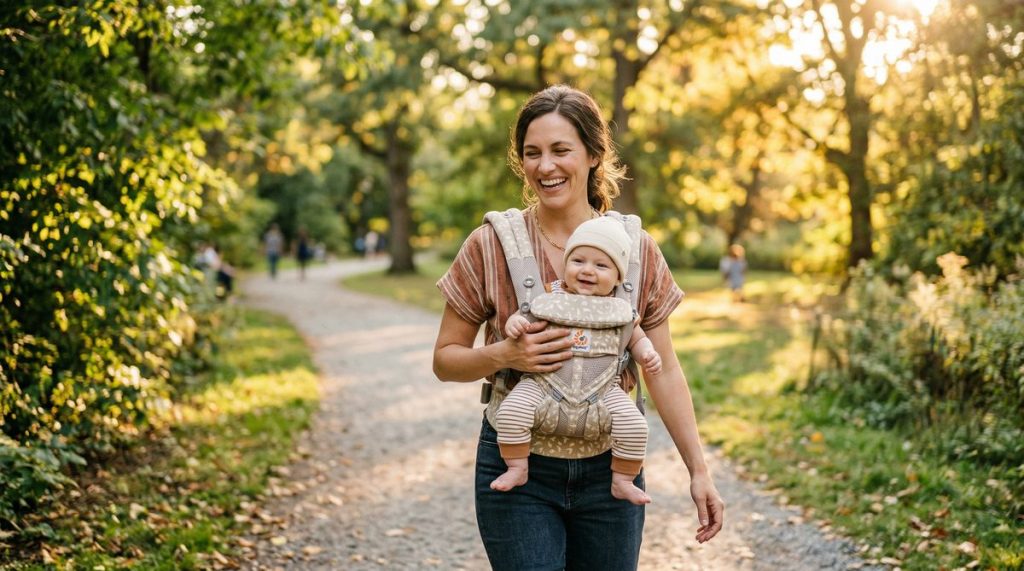 Mère portant son bébé dans un porte-bébé physiologique lors d'une promenade en forêt
