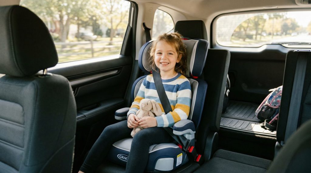 Enfant souriante installée en sécurité dans un rehausseur auto avec ceinture