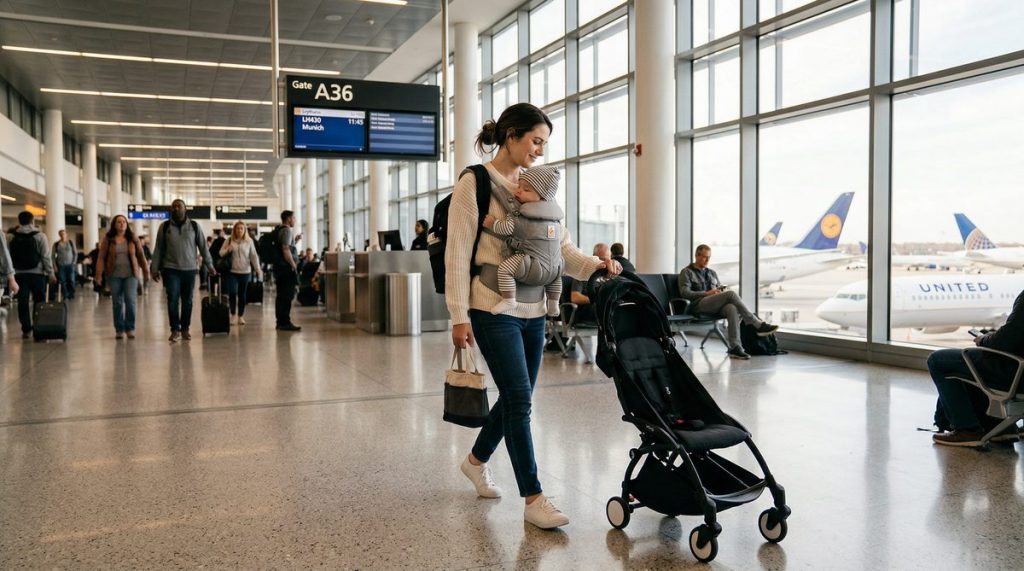 Poussette compacte pliée à côté d'un siège d'avion prête pour un voyage en cabine
