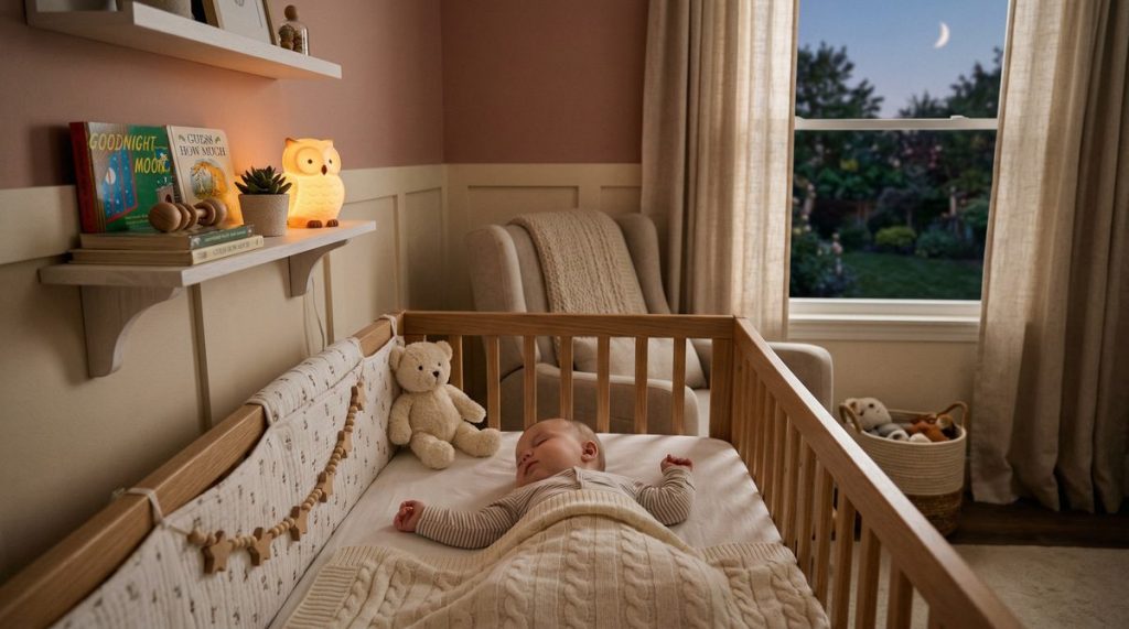 Bébé endormi paisiblement dans son lit après sa routine dodo du soir